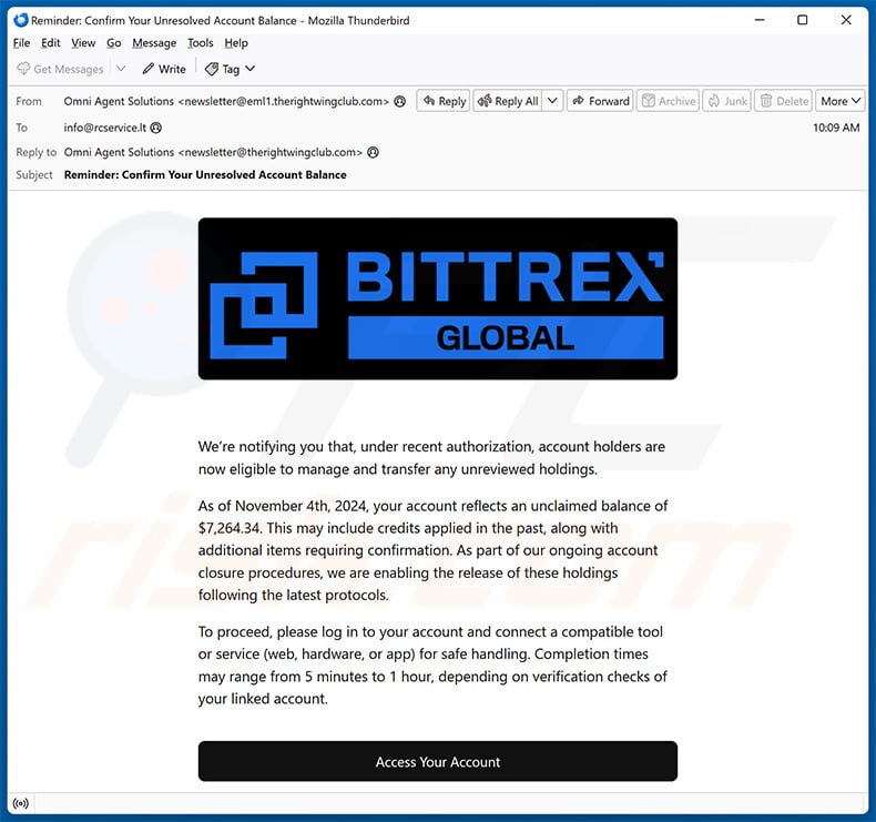 Bittrex-themed spam email (2024-11-05)