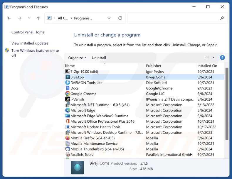 BivaApp uninstall via Control Panel
