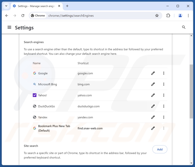 Removing find.snav-web.com from Google Chrome default search engine