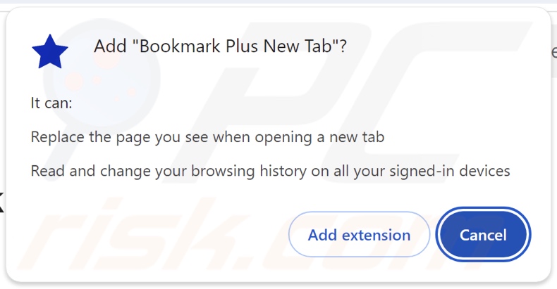 Bookmark Plus New Tab browser hijacker asking for permissions