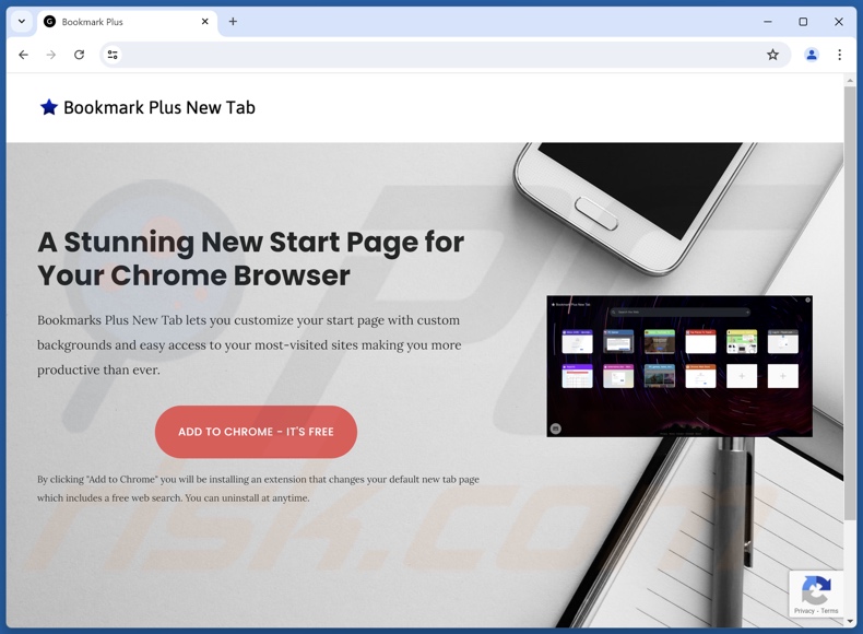 Website used to promote Bookmark Plus New Tab browser hijacker