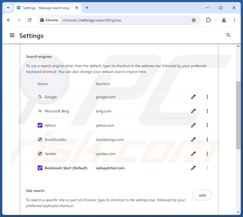 Removing iadispatcher.com from Google Chrome default search engine