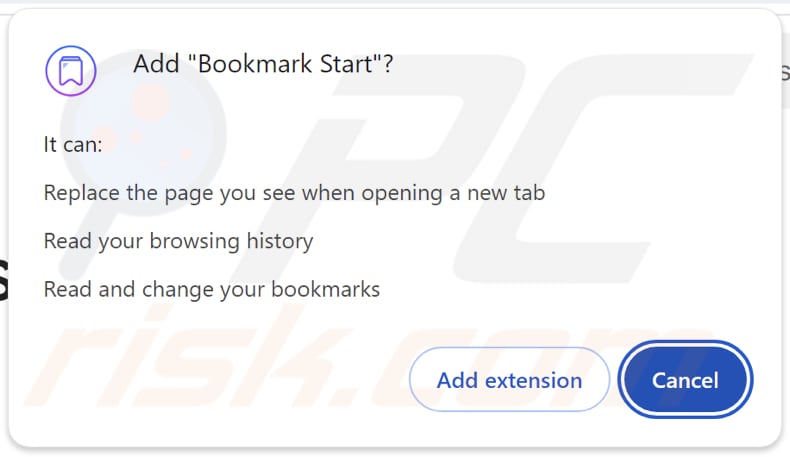 Bookmark Start browser hijacker asking for permissions