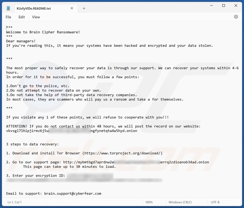 Brain Cipher ransomware ransom note ([random_string].README.txt)