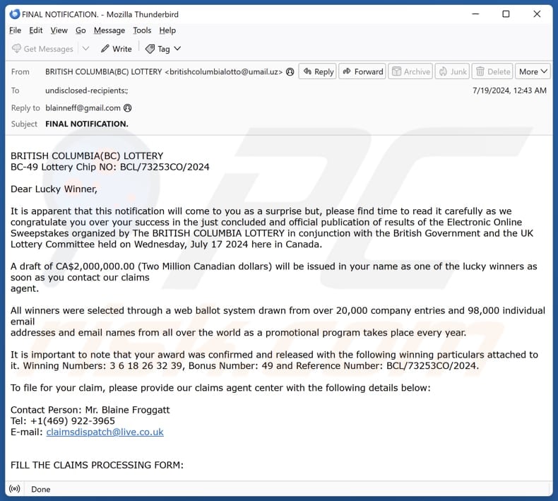 British Columbia Lottery email spam campaign