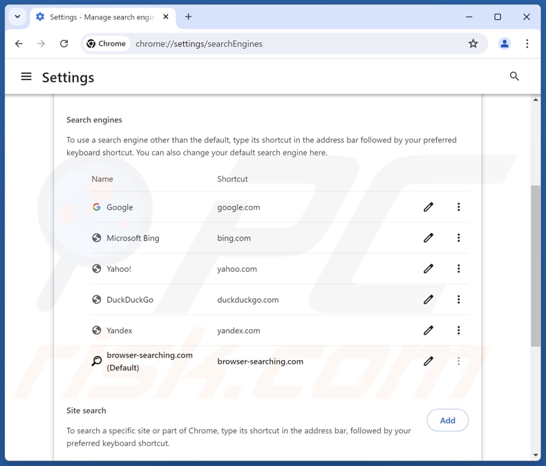 Removing browser-searching.com from Google Chrome default search engine