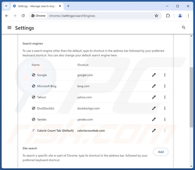 Removing caloriecounttab.com from Google Chrome default search engine