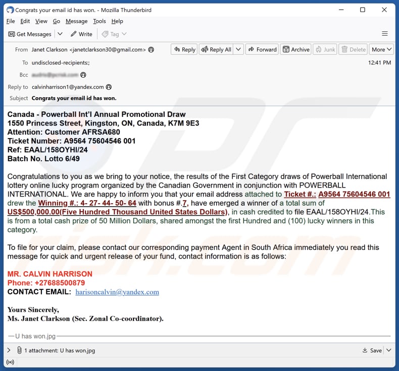 Canada - Powerball email spam campaign