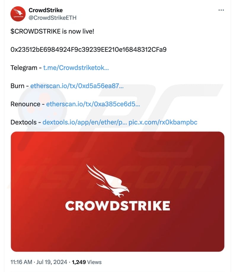 CrowdStrike scam tweet promoting the Crowdstrike token