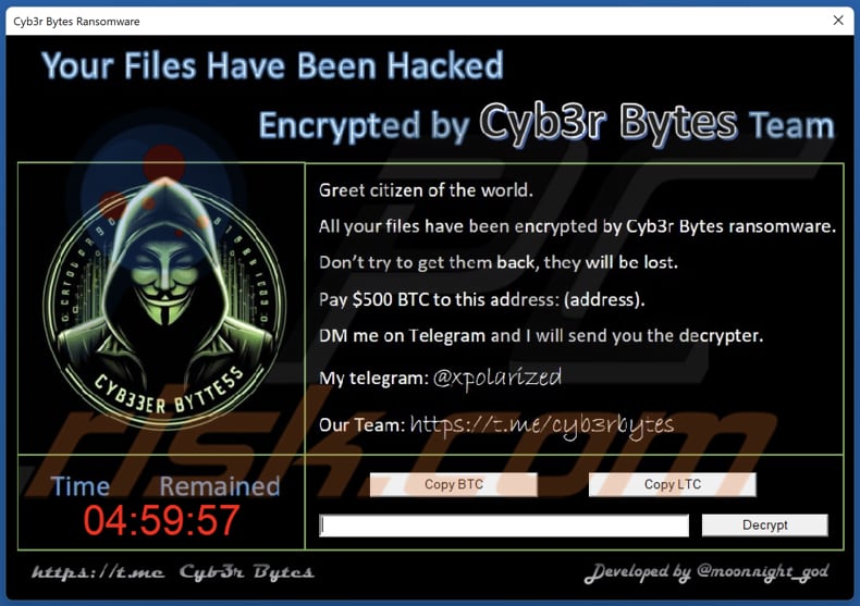 Cyb3r Bytes ransomware pop-up note