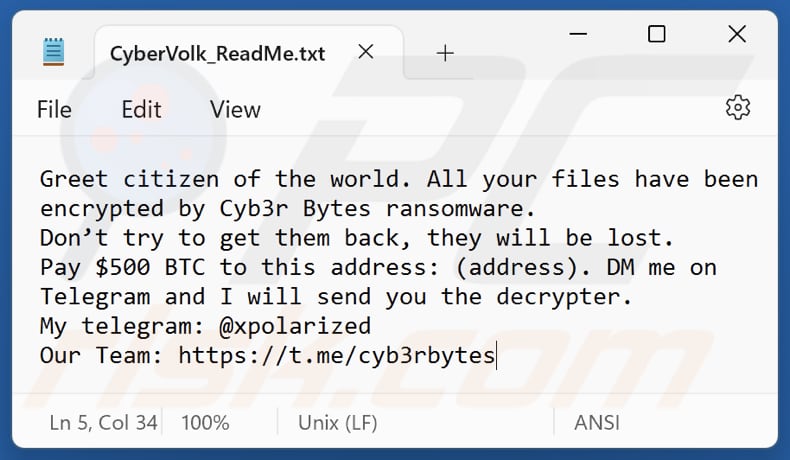 Cyb3r Bytes ransomware text file (CyberVolk_ReadMe.txt)