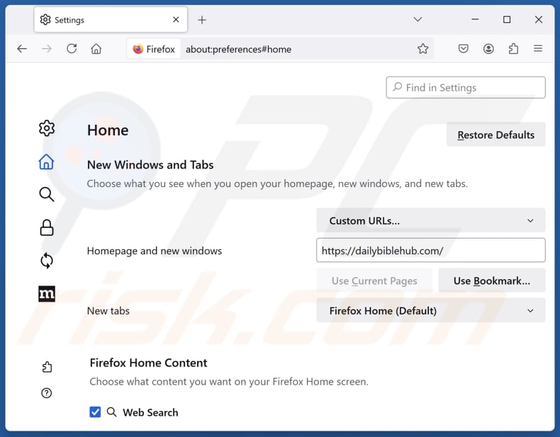 Removing dailybiblehub.com from Mozilla Firefox homepage