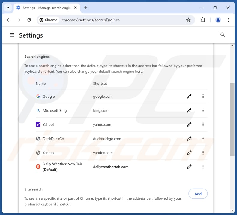 Removing dailyweathertab.com from Google Chrome default search engine