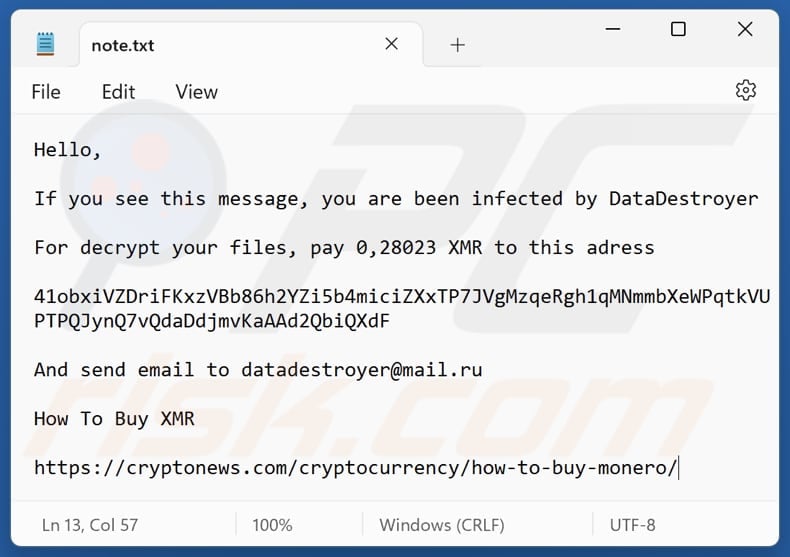 DataDestroyer ransomware text file (note.txt)