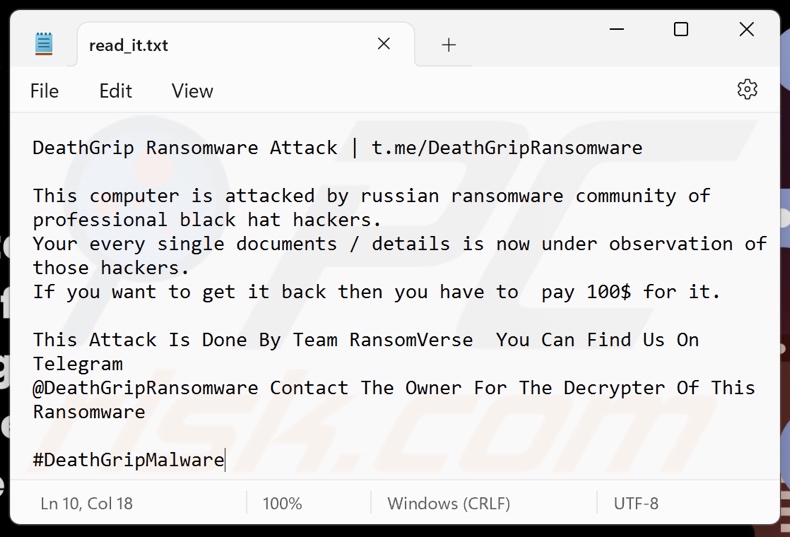 DeathGrip ransomware ransom note (read_it.txt)