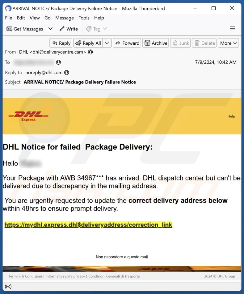 DHL - Notice For Failed Package Delivery email spam campaign