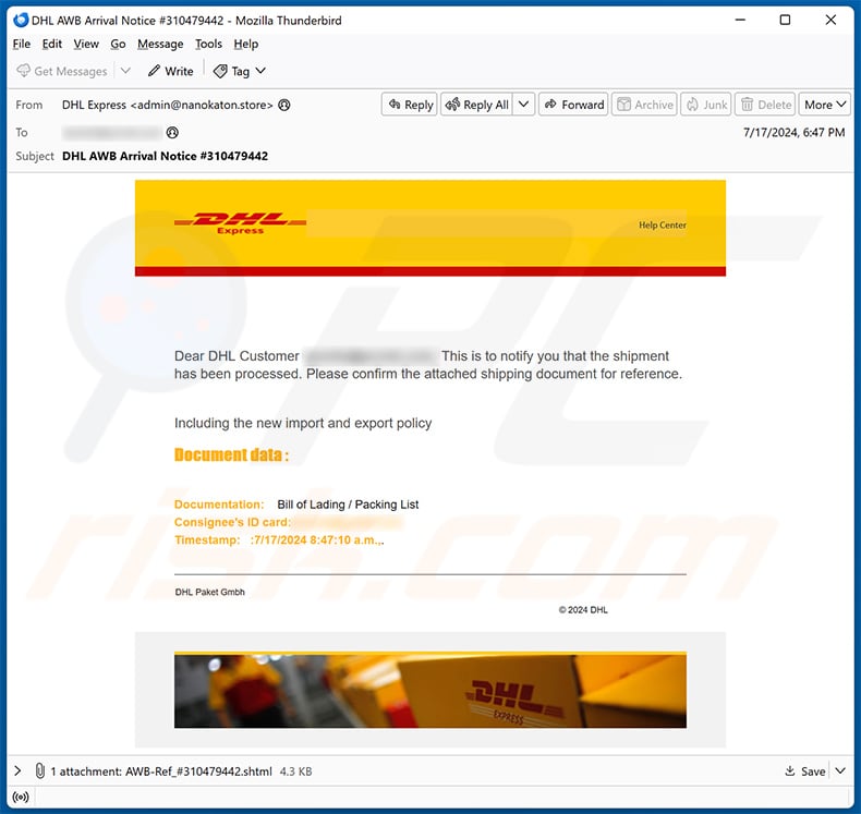 DHL Shipping Invoice email scam (2024-07-18)