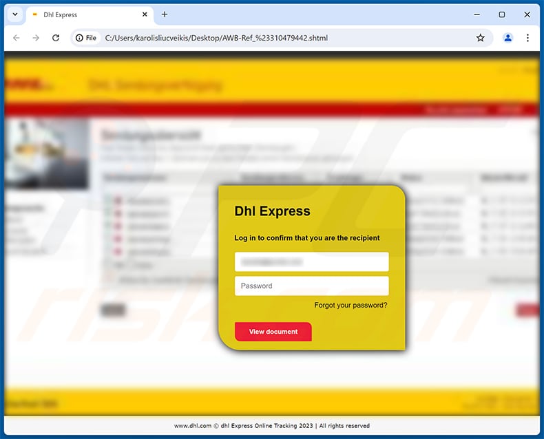 Phishing HTML document distributed via DHL Shipping Invoice email scam (2024-07-18)