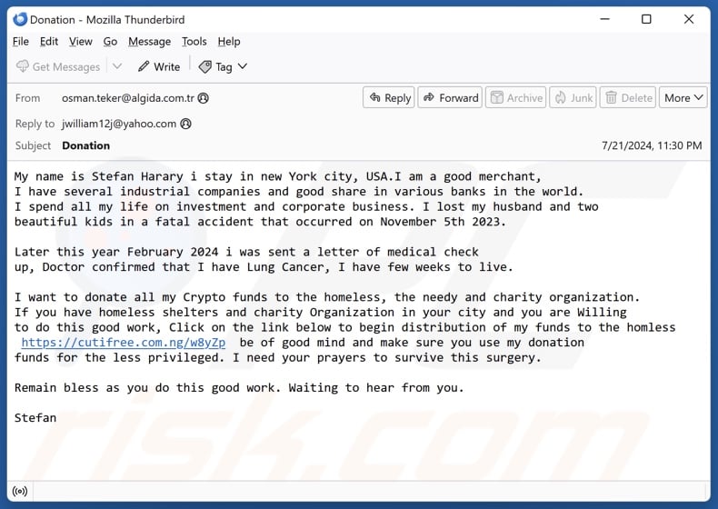 Donation Of Crypto Funds email spam campaign
