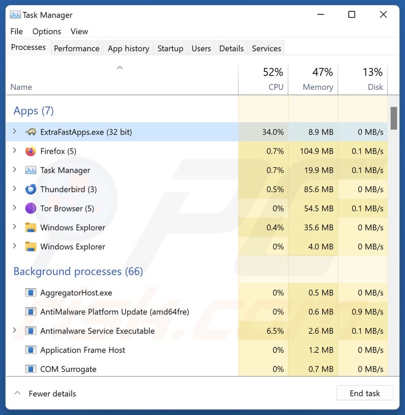 ExtraFastApps PUA process on Task Manager (ExtraFastApps.exe - process name)