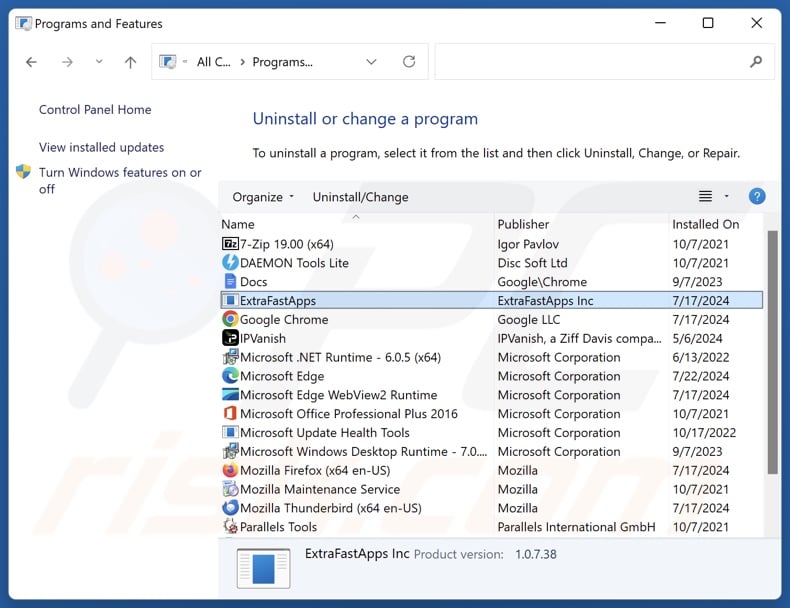 ExtraFastApps uninstall via Control Panel