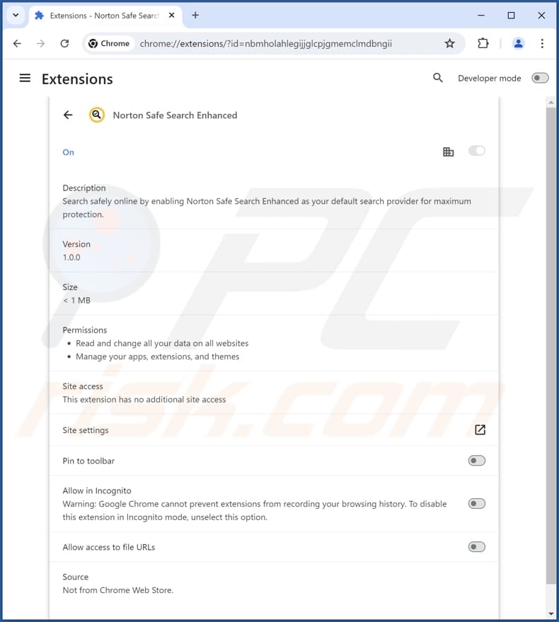 Fake Norton Safe Search Enhanced extension description