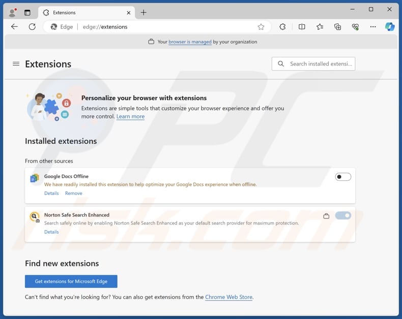Fake Norton Safe Search Enhanced extension on Edge browser