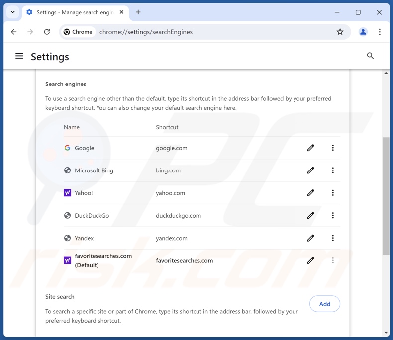Removing favoritesearches.com from Google Chrome default search engine