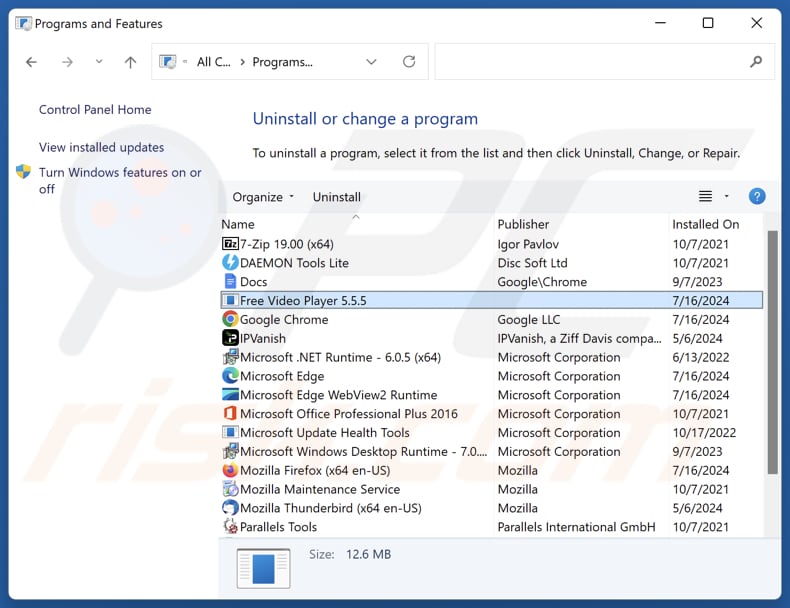 Free Video Player uninstall via Control Panel