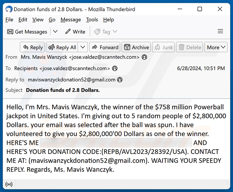 Giveaway Of Lottery Winnings email scam (2024-07-01)