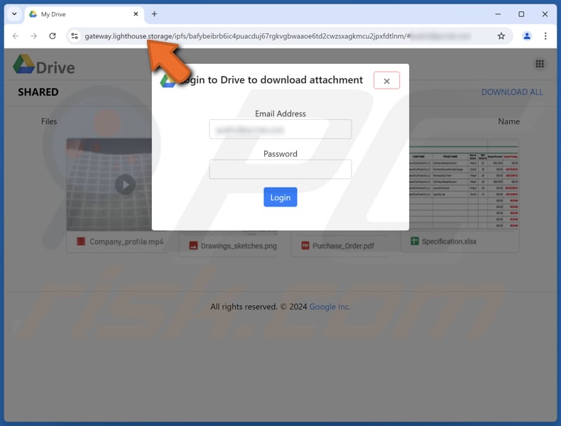 Google Drive email scam phishing page