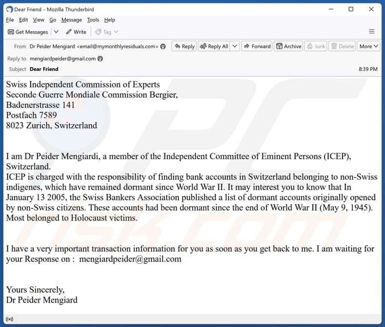 Independent Committee Of Eminent Persons (ICEP) email spam campaign