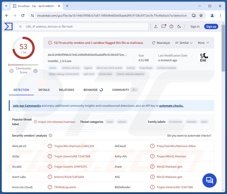 InnoSetup malware detections on VirusTotal