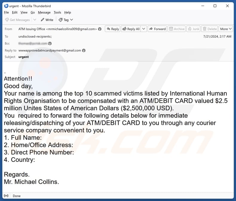 International Human Rights Organisation Compensation email spam campaign