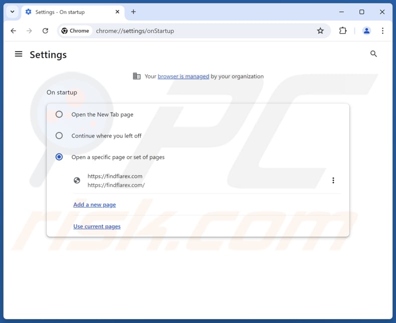 Removing findflarex.com from Google Chrome homepage