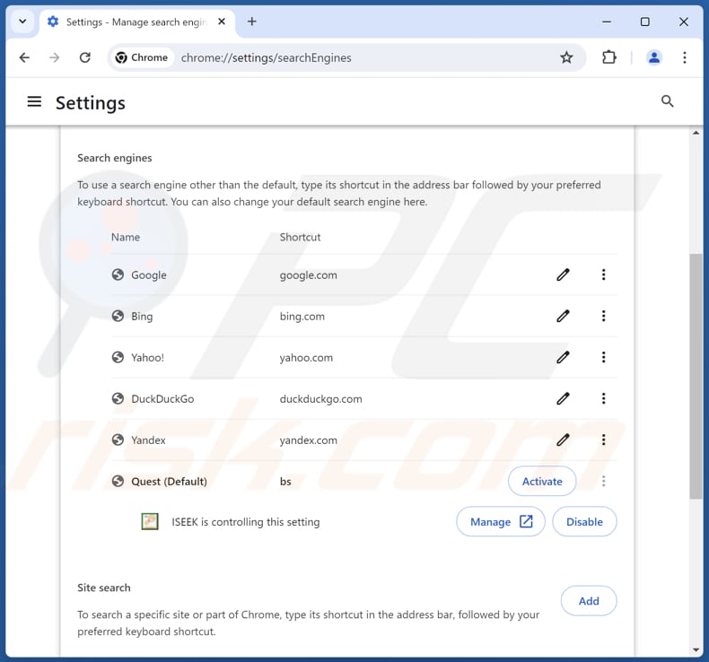 Removing findflarex.com from Google Chrome default search engine