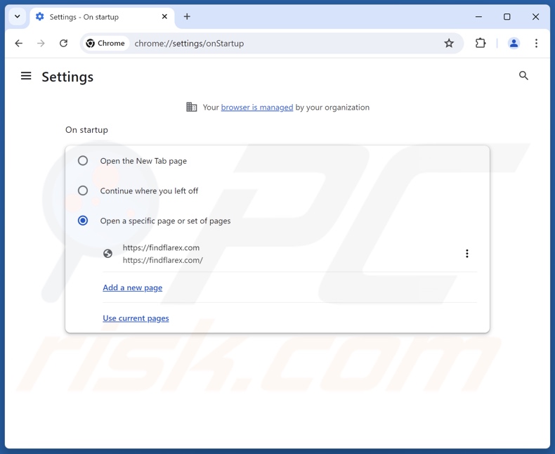 Removing findflarex.com from Google Chrome homepage