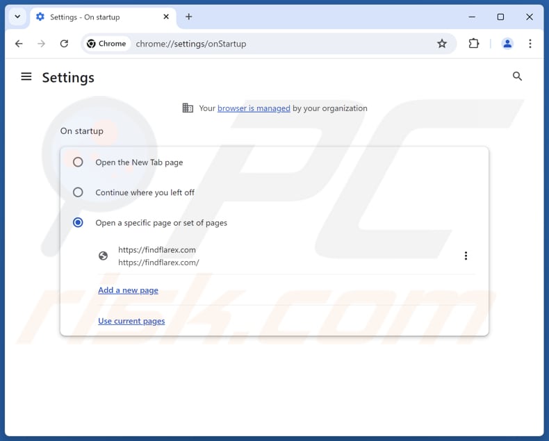 Removing findflarex.com from Google Chrome homepage