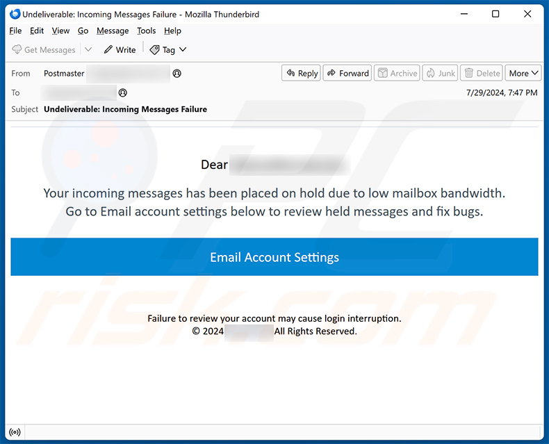 Lack Of Mailbox Bandwidth email scam (2024-07-30)