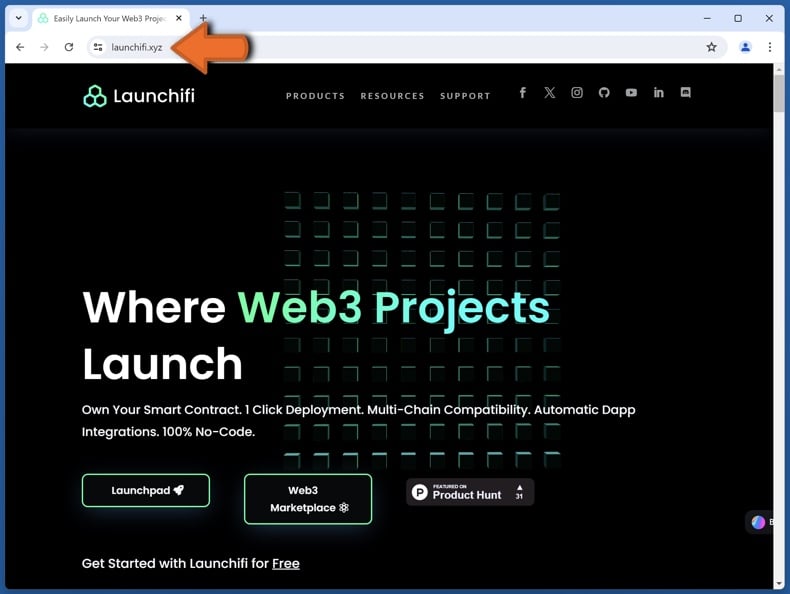 Appearance of the real Launchifi website (launchifi.xyz)