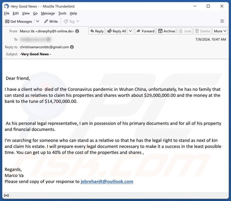 Legal Right To Claim Estate email spam campaign