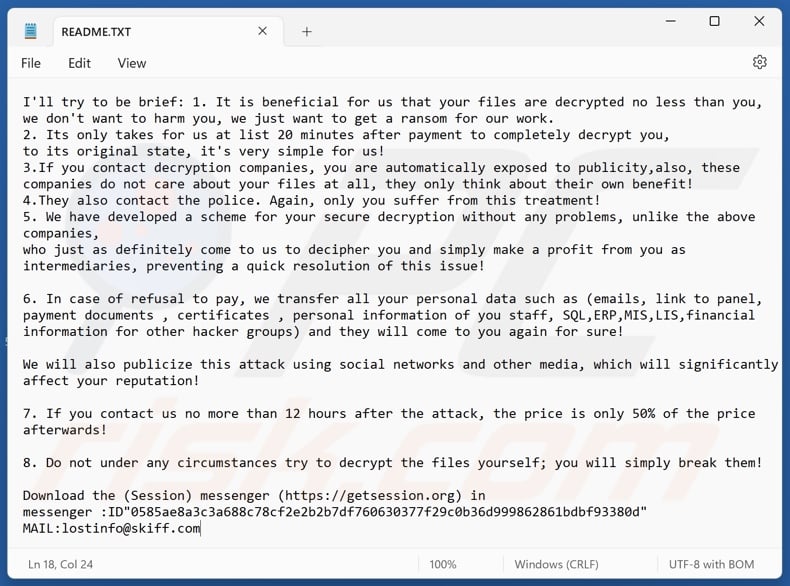 LostInfo ransomware ransom note (README.TXT)