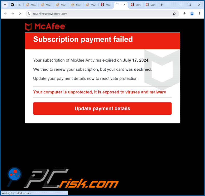 Appearance of McAfee - Subscription Payment Failed scam (GIF)