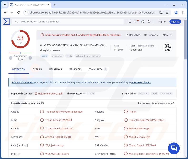 MerkSpy malware detections on VirusTotal