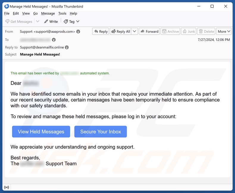 Messages Have Been Temporarily Held email spam campaign