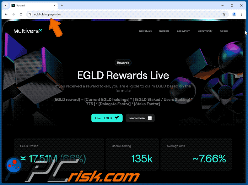 Appearance of MultiversX (EGLD) Rewards scam (GIF)