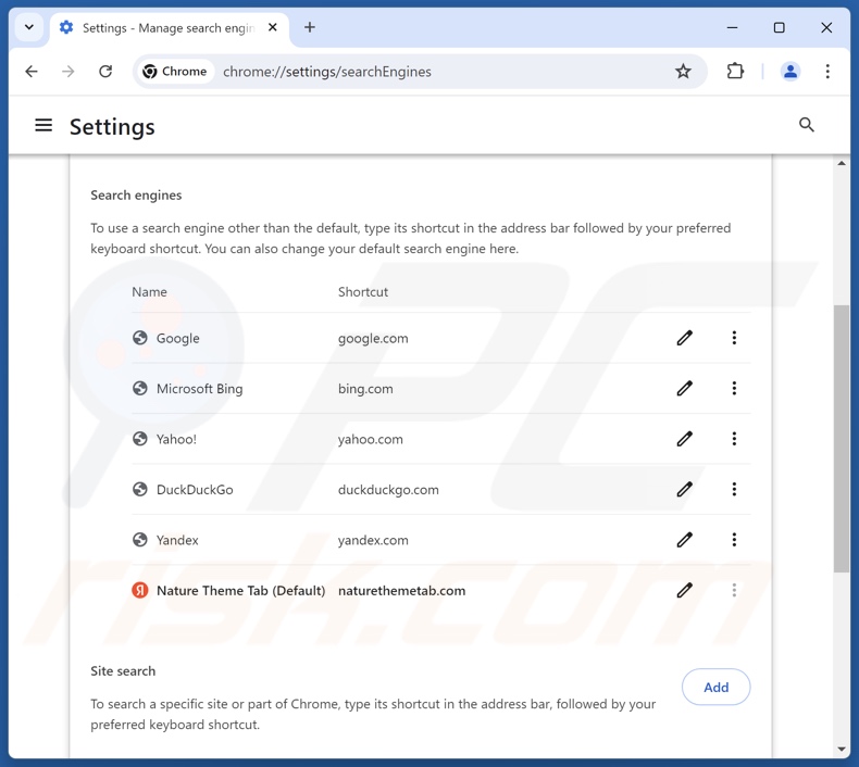 Removing naturethemetab.com from Google Chrome default search engine