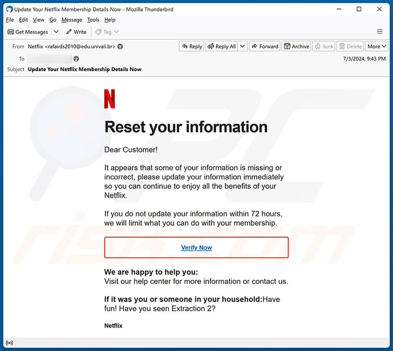 Netflix - Update Your Account Information email scam (2024-07-05)