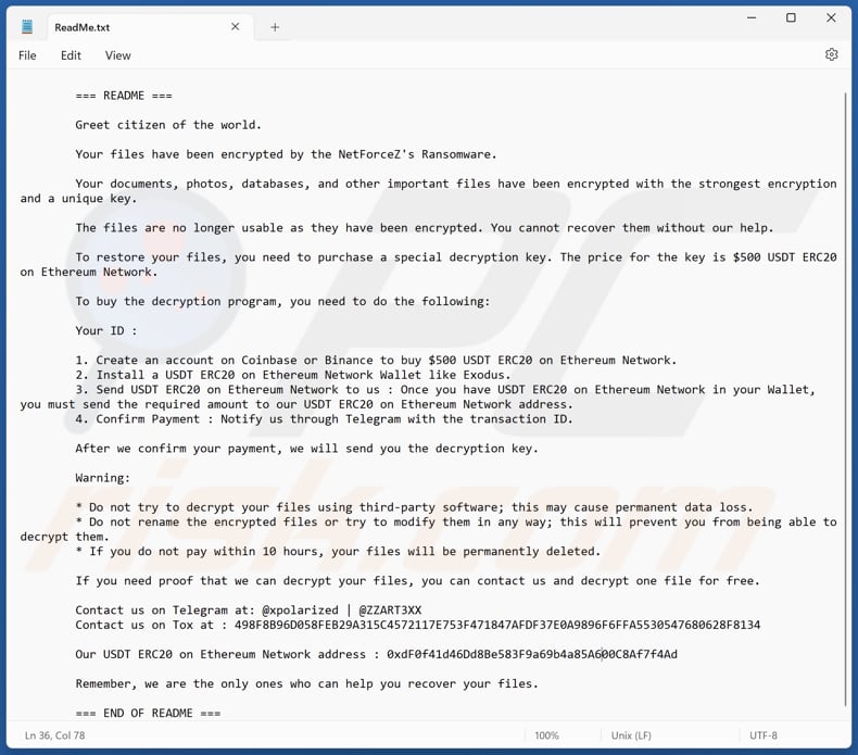 NetForceZ ransomware text file (ReadMe.txt)
