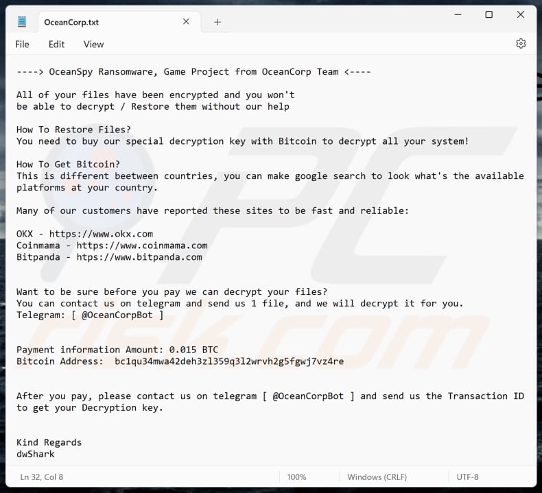 OceanSpy ransomware text file (OceanCorp.txt)